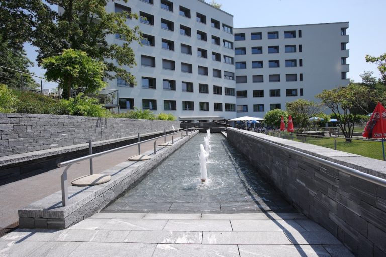 Natursteinmauern mit Wasserbecken in Zürich Pflegezentrum Entlisberg.